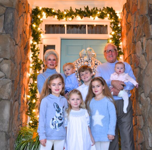 Georgia Tech great Randy Rhino  with wife Missy and their six grandchildren (from left: Catherine, Bode, Dallas, Austin, Morgan and Stella). (Courtesy Randy Rhino)