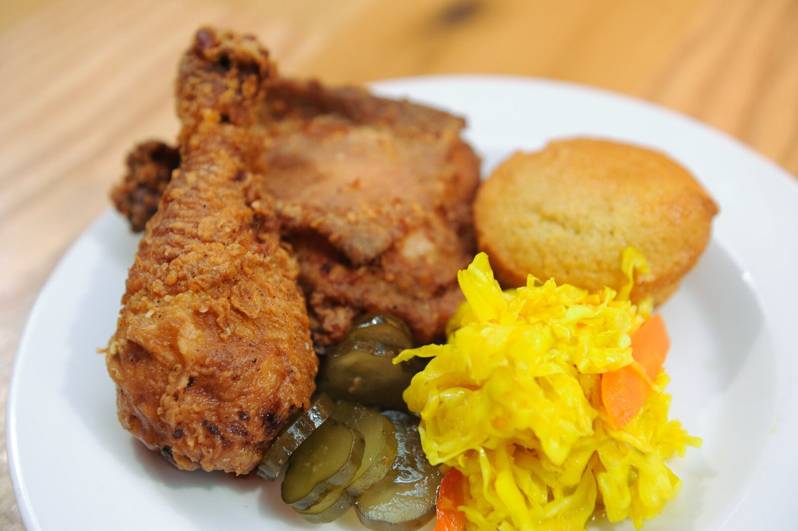 Richards' classic leg and thigh with cornbread pickles, and pickled vegetable slaw. (BECKY STEIN PHOTOGRAPHY)