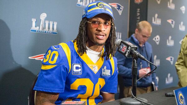 Former University of Georgia star and current Rams running back Todd Gurley speaks to the media during Wednesday's event in Buckhead. (Alyssa Pointer/Alyssa.Pointer@ajc.com)