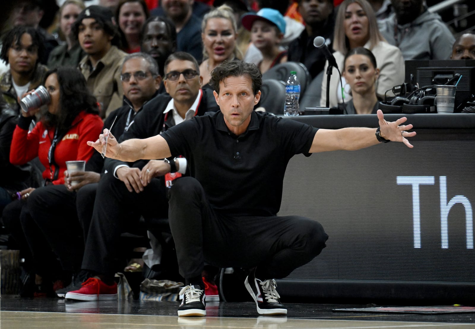 Atlanta Hawks head coach Quin Snyder reacts as he watches during the first half in Game 6 of the first round of the Eastern Conference playoffs at State Farm Arena, Thursday, April 27, 2023, in Atlanta. (Hyosub Shin / Hyosub.Shin@ajc.com)