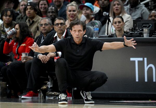 Atlanta Hawks head coach Quin Snyder reacts as he watches during the first half in Game 6 of the first round of the Eastern Conference playoffs at State Farm Arena, Thursday, April 27, 2023, in Atlanta. (Hyosub Shin / Hyosub.Shin@ajc.com)