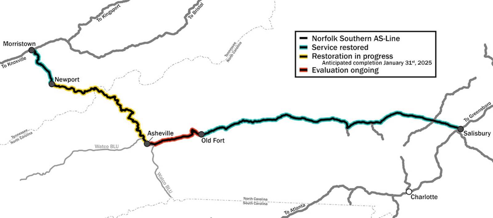 A stretch of Norfolk Southern tracks through Asheville, North Carolina, was damaged by Hurricane Helene. (Courtesy of Norfolk Southern)