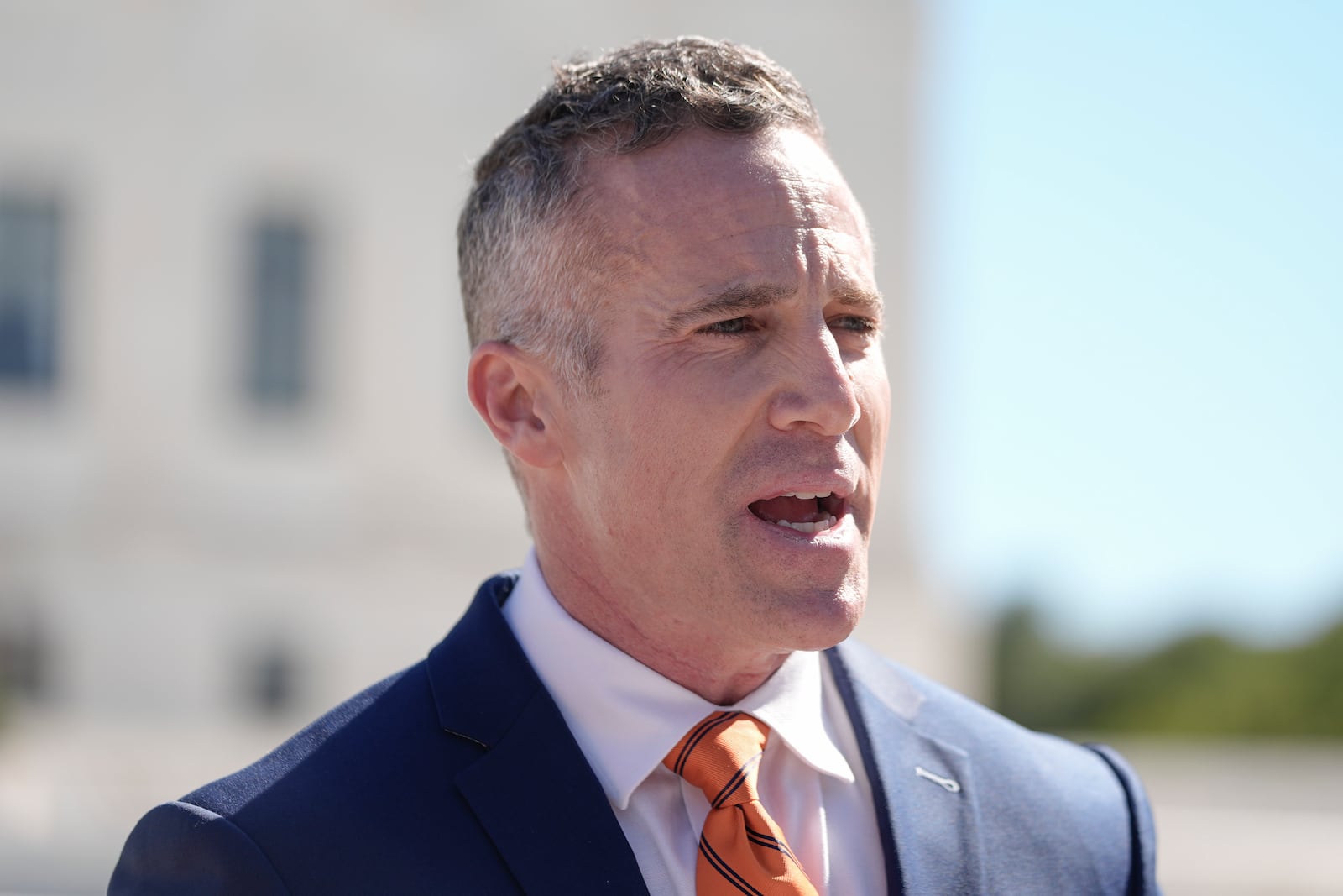 Mountain States Legal Foundation, Director of the Center to Keep and Bear Arms, Mike McCoy, speaks with reporters after a hearing at the U.S. Supreme Court, Tuesday, Oct. 8, 2024, in Washington. (AP Photo/Mariam Zuhaib)