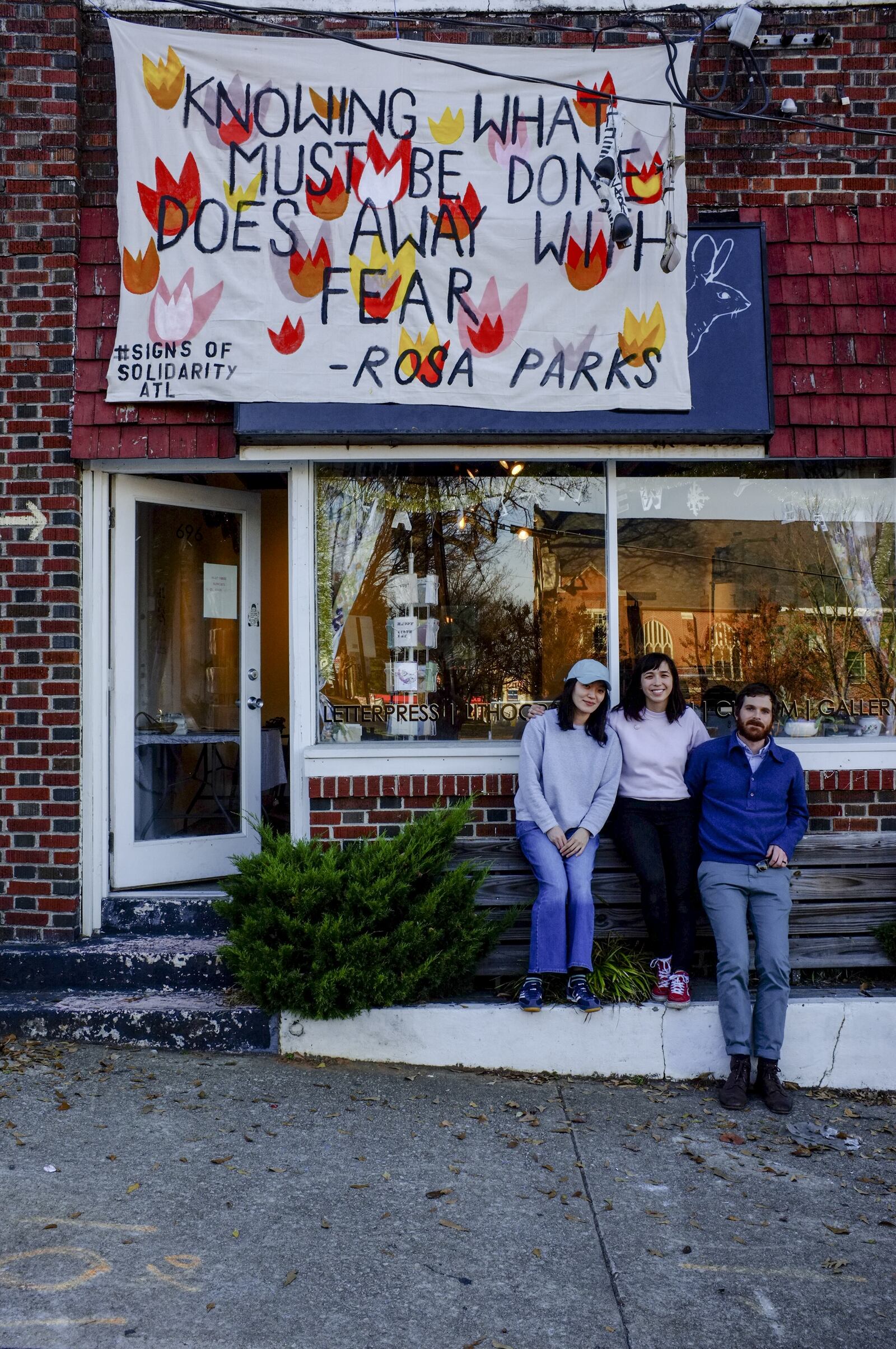 Artists Dianna Settles and Yoon Nam, working with Hi-Lo Press, fashioned this quote from Rosa Parks into a banner. Photo: Sharif Hassan.