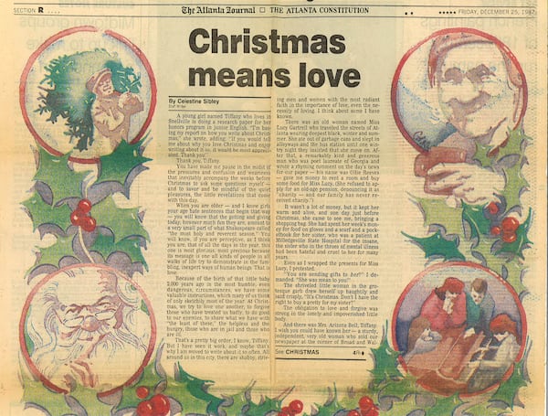 "Christmas means love" by Celestine Sibley was published in The Atlanta Journal-Constitution on Christmas Day in 1987. Here is a copy of the article as it appeared, with illustration by Vernon Carne.