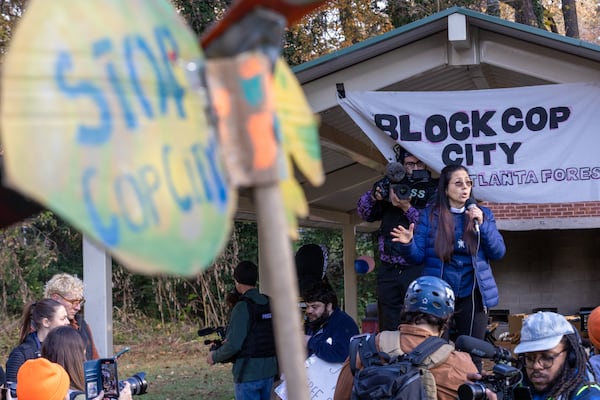 Belkis Terán, mother of Manuel Esteban Paez Teran, also known as Tortuguita, speaks to protestors at Gresham Park in Atlanta on Monday, November 13, 2023. The activists were preparing to demonstrate against Atlanta’s public training safety center gather (Arvin Temkar / arvin.temkar@ajc.com)