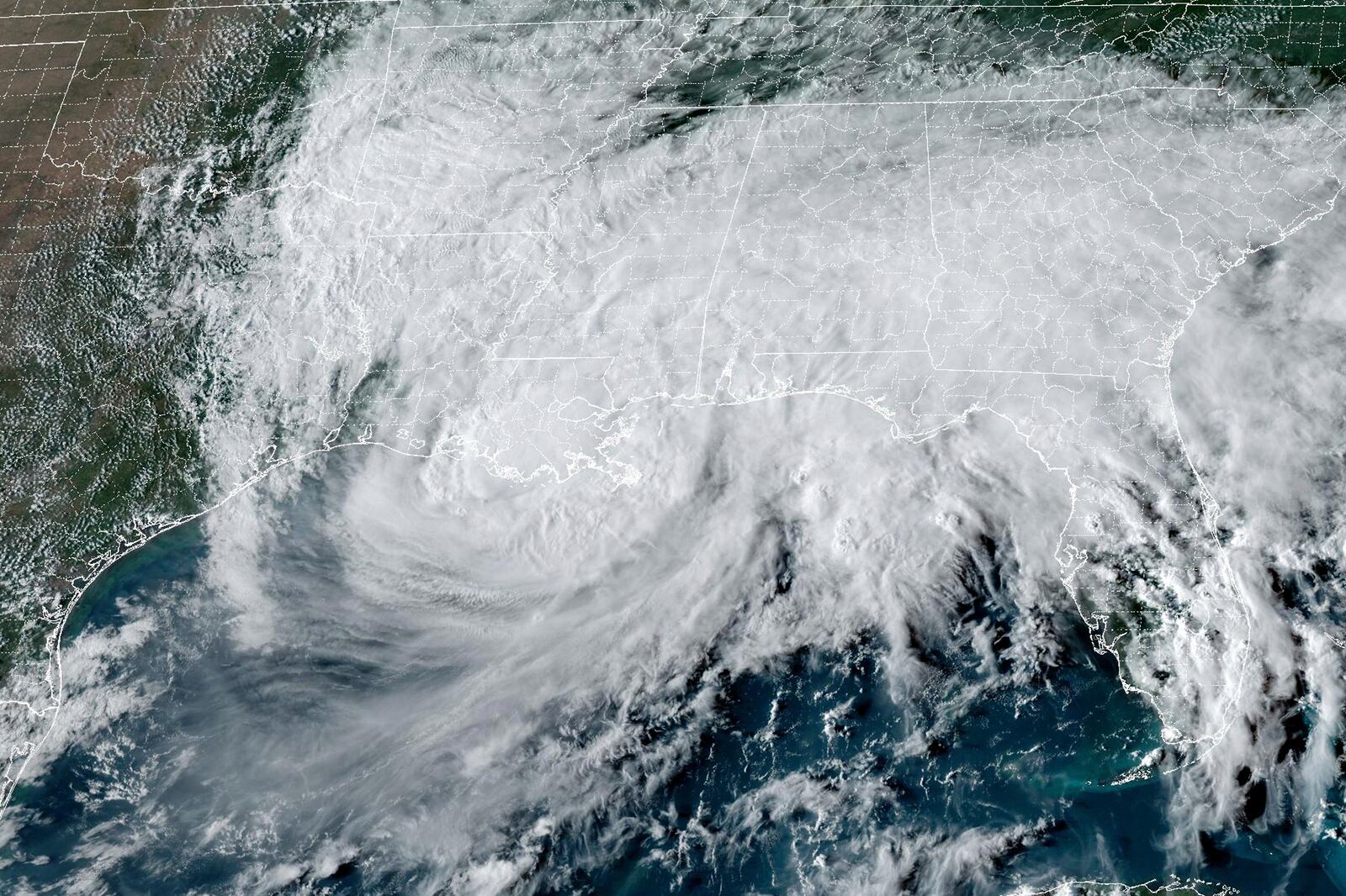 This GOES-16 GeoColor satellite image taken at 4:01 p.m. EDT and provided by National Oceanic and Atmospheric Administration (NOAA) shows Tropical Storm Francine as it approaches landfall over Louisiana, Wednesday, Sept. 11, 2024. (NOAA via AP)