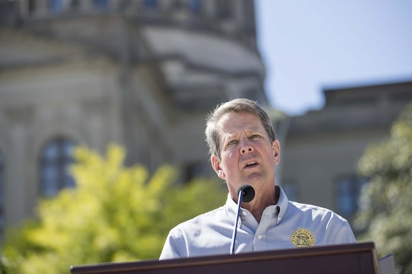 Gov. Brian Kemp makes remarks during a press conference at Liberty Plaza, across the street from the Georgia State Capitol building Monday, April 20, 2020. (ALYSSA POINTER / ALYSSA.POINTER@AJC.COM)