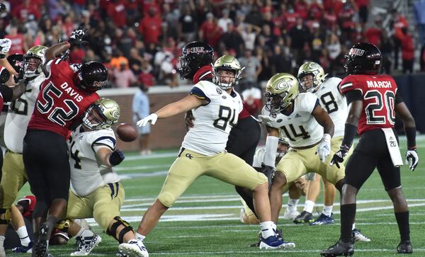 Northern Illinois' defense blocks Georgia Techs' last-second field goal attempt to secure 22-21 win Saturday, Sept. 4, 2021, at Bobby Dodd Stadium in Atlanta. (Hyosub Shin / Hyosub.Shin@ajc.com)