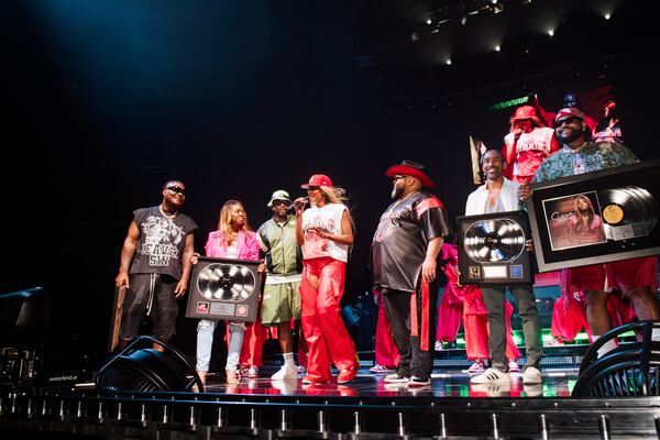 During Atlanta's first night of the Out of This World Tour, Decatur singer Ciara received plaques to commemorate the 20th anniversary of her debut album "Goodies." From left to right: Sean Garrett, Phillana Williams, Devyne Stephens, Ciara, Jazze Pha, Johntá Austin and Jasper Cameron. Photo credit: Michael Drummond