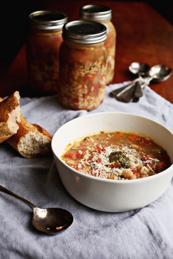 Italy's traditional pasta and bean soup, Pasta e Fagioli, is simple and satisfying. In this version, the stock is scented with fresh rosemary, generous chunks of cubed boneless pork loin roast, white beans, garlic, tomatoes and a small shaped pasta. Serve it with warm, crusty bread. The recipe comes from "Soup Swap" by Kathy Gunst. (Juli Leonard/News & Observer/TNS)