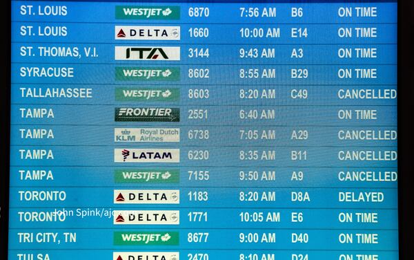At Hartsfield-Jackson International Airport on Wednesday, August 30, 2023, some flights from Florida have been canceled due to Hurricane Idalia. (John Spink / John.Spink@ajc.com)