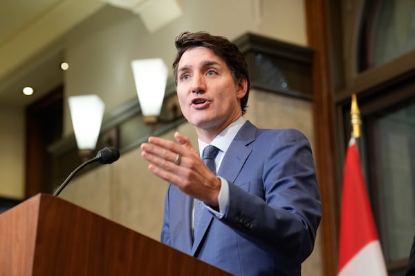 Prime Minister Justin Trudeau holds a news conference on imposed U.S. tariffs in Ottawa on Tuesday, March 4, 2025. (Adrian Wyld /The Canadian Press via AP)