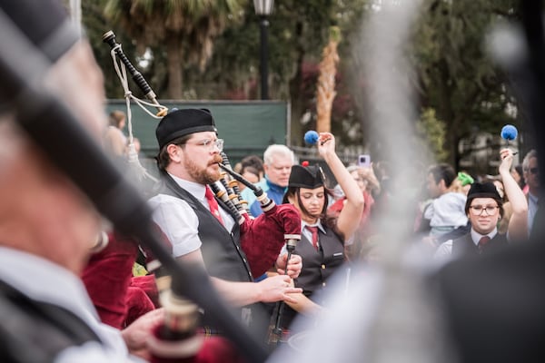 Members of the City of Limerick Pipe Band perform outside the Cathedral of St. John the Baptist in Savannah, GA on March 9, 2025.(Justin Taylor/The Atlanta Journal-Constitution)