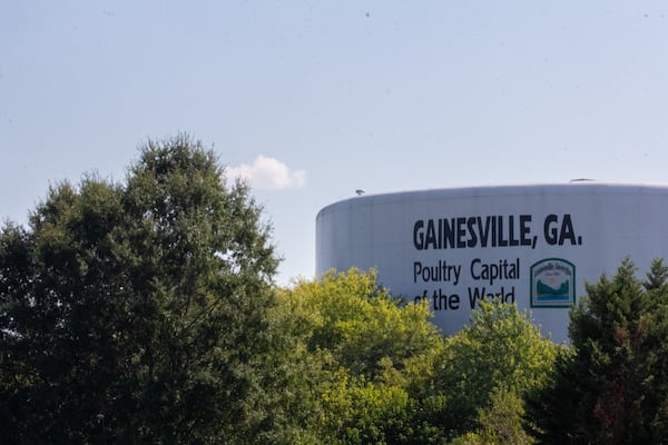 A water tower proclaims Gainesville, Georgia, as the “Poultry Capital of the World” on Thursday, Oct. 3, 2019. Chicken and eggs are both among the 10 biggest agricultural products in Georgia, by revenue. Now, the federal government is considering sweeping changes in labeling rules for which kinds of foods can be advertised as "healthy." Among the biggest potential additions: eggs. (Photo/Rebecca Wright for the Atlanta Journal-Constitution)