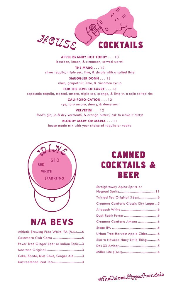 The Velvet Hippo menu