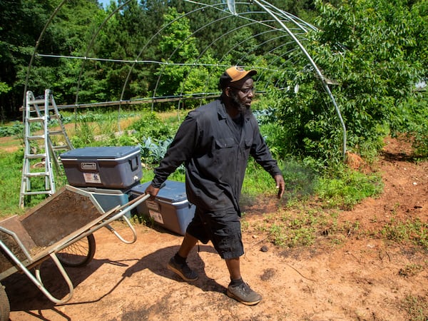 Musa Hasan brings a cart to carry weeds as a group of local farmers helps out at the 10-acre vegetable farm he runs with his wife, Micole. Phil Skinner for The Atlanta Journal-Constitution 