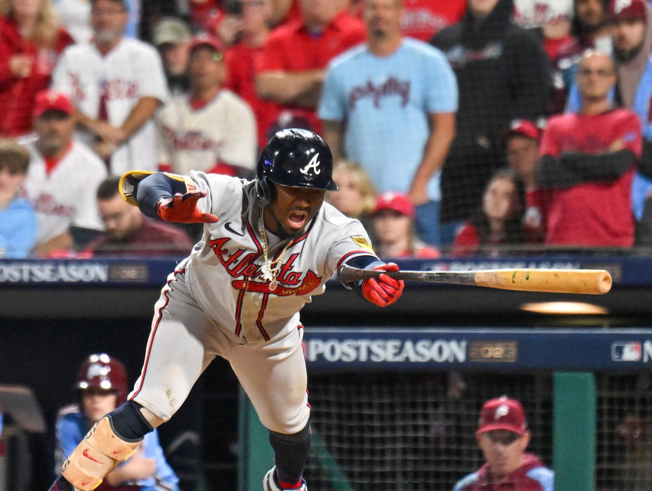 Atlanta Braves’ Ozzie Albies (1) dodges an inside pitch from the Philadelphia Phillies during the eighth inning of NLDS Game 4 at Citizens Bank Park in Philadelphia on Thursday, Oct. 12, 2023.   (Hyosub Shin / Hyosub.Shin@ajc.com)