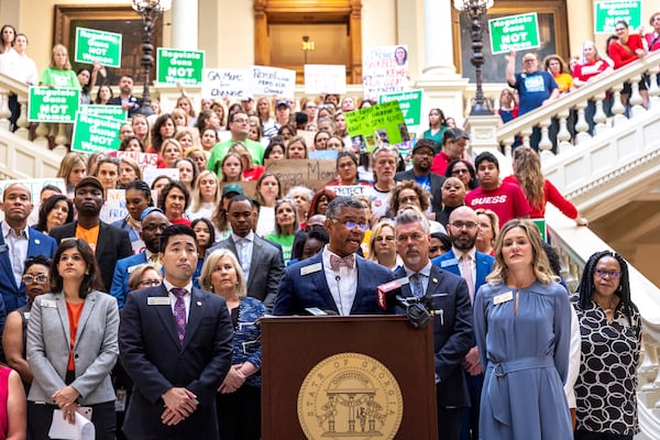 Georgia state Rep. James Beverly, D-Macon, speaks at a news conference called by Democratic lawmakers at the Capitol in Atlanta on Wednesday, May 10, 2023. Lawmakers are urging Gov. Brian Kemp to call a special legislative session on gun violence. (Arvin Temkar/The Atlanta Journal-Constitution)