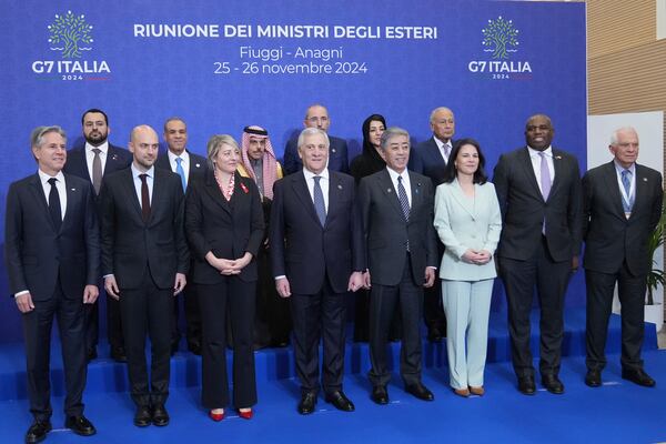 Front row from left, U.S. Secretary of State Antony Blinken , French Foreign Minister Jean-Noël Barrot, Canada's Foreign Minister Melanie Joly, Italian Foreign Minister Antonio Tajani, Japanese Foreign Minister Takeshi Iwaya, German Foreign Minister Annalena Baerbock, Britain's Foreign Secretary David Lammy, and European Union foreign policy chief Josep Borrell pose for a family photo with, second row from left, foreign Ministers of Quatar, Mohammed Abdulaziz Al-Khulaifi, Egypt, Badr Ahmed Mohamed Abdelatty, Saudi Arabia, Faisal Farhan Al Saud, Jordan, Ayman Safadi, United Arab Emirates, Reem Ebrahim Al Hashimy, and Secretary-General of the Arab League, Ahmed Aboul-Gheit at the G7 of foreign Ministers in Fiuggi, some 70 kilometers south-east of Rome, Monday, Nov. 25, 2024. (AP Photo/Alessandra Tarantino)