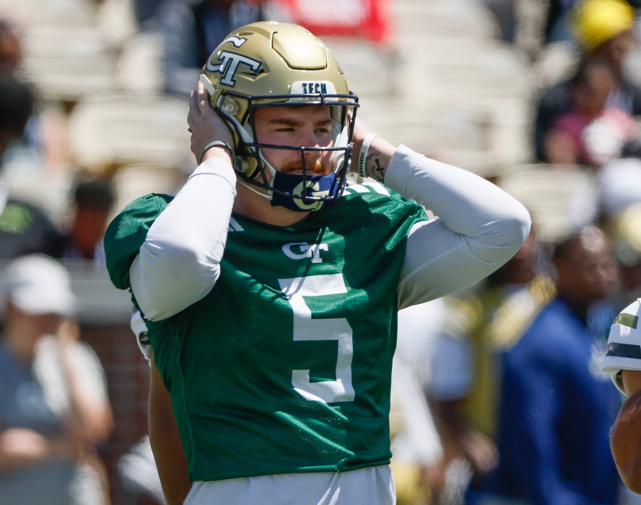 Georgia Tech quarterback Zach Pyron (5) listens for the next play during the Spring White and Gold game at Bobby Dodd Stadium at Hyundai Field In Atlanta on Saturday, April 13, 2024.   (Bob Andres for the Atlanta Journal Constitution)