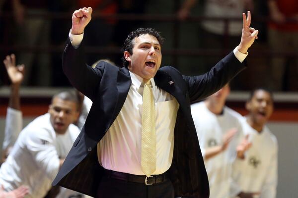  Georgia Tech coach Josh Pastner reacts to a score during the first half of the team's NCAA college basketball game against Virginia Tech in Blacksburg Va., Wednesday, Jan. 18 2017. (Matt Gentry/The Roanoke Times via AP)