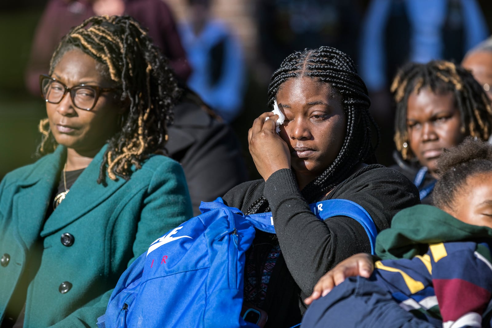 SAVANNAH, GA - FEBRUARY 01, 2024: Breonna Moffett's sister Kianna Moffett, right, during a ceremony on Thursday, Feb. 1, 2024, at Windsor Forest High School in Savannah. Breonna Moffett was the oldest of four siblings. (AJC Photo/Stephen B. Morton)