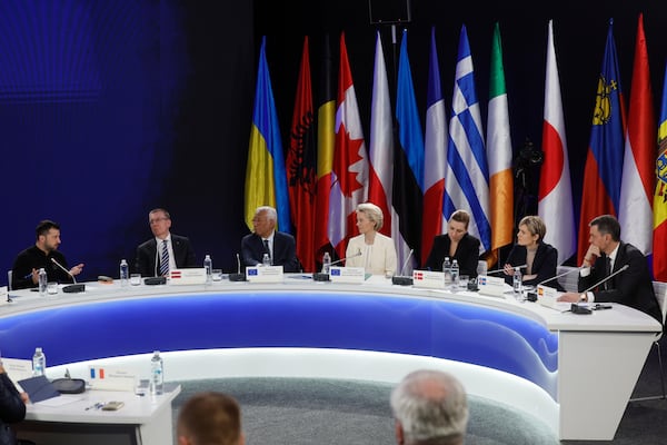 From left: Ukrainian President Volodymyr Zelenskiy, Latvia's President Edgars Rinkevics, European Council President Antonio Costa, European Commission President Ursula von der Leyen, Denmark's Prime Minister Mette Frederiksen, Iceland's Prime Minister Kristrun Frostadottir, and Spain's Prime Minister Pedro Sanchez attend a press conference after the "Support Ukraine" summit, marking the third anniversary of the Russian invasion, in Kyiv, Ukraine, Feb. 24, 2025. (Gleb Garanich/Pool Photo via AP)