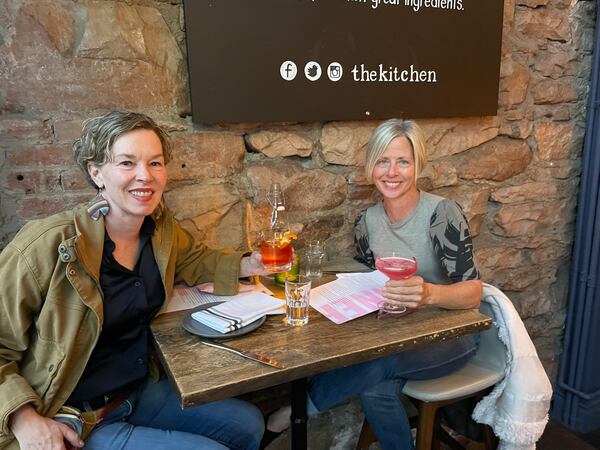 The writer, Patricia Neligan Barley, and Amy Romberger  sipping on signature cocktails at The Kitchen, an American Bistro & Bar on Pearl Street