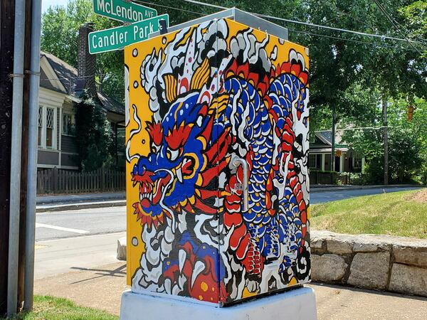 A mural by Andrew Blooms adorns a utility box in Candler Park. (Photo by streetartmap.org)