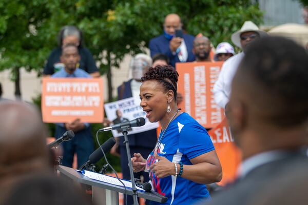 Bernice King, CEO of the King Center, joined a group of about 40 church leaders in protesting against Georgia's new election law and calling on Congress to pass federal legislation to increase protection of voting rights. “Too many have suffered for voting rights to let it hang in the balance like this,” she said. “We need corporate America to stand up, speak up and step in.” (Alyssa Pointer / Alyssa.Pointer@ajc.com)