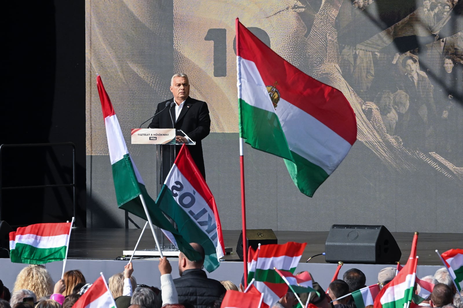 Hungarian Prime Minister Viktor Orban speaks during the meating to mark the 68th anniversary of the 1956 Hungarian revolution, at the Millenaris Park, in Budapest, Hungary, Wednesday, Oct. 23, 2024. (Szilard Koszticsak/MTI via AP)