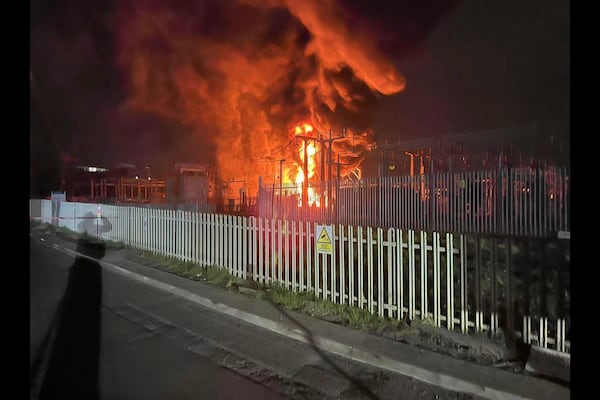 This photo provided by London Fire Brigade, shows a fire at the North Hyde electrical substation, which caught fire Thursday night and lead to a closure of Heathrow Airport in London, Friday, March 21 2025. (London Fire Brigade via AP)