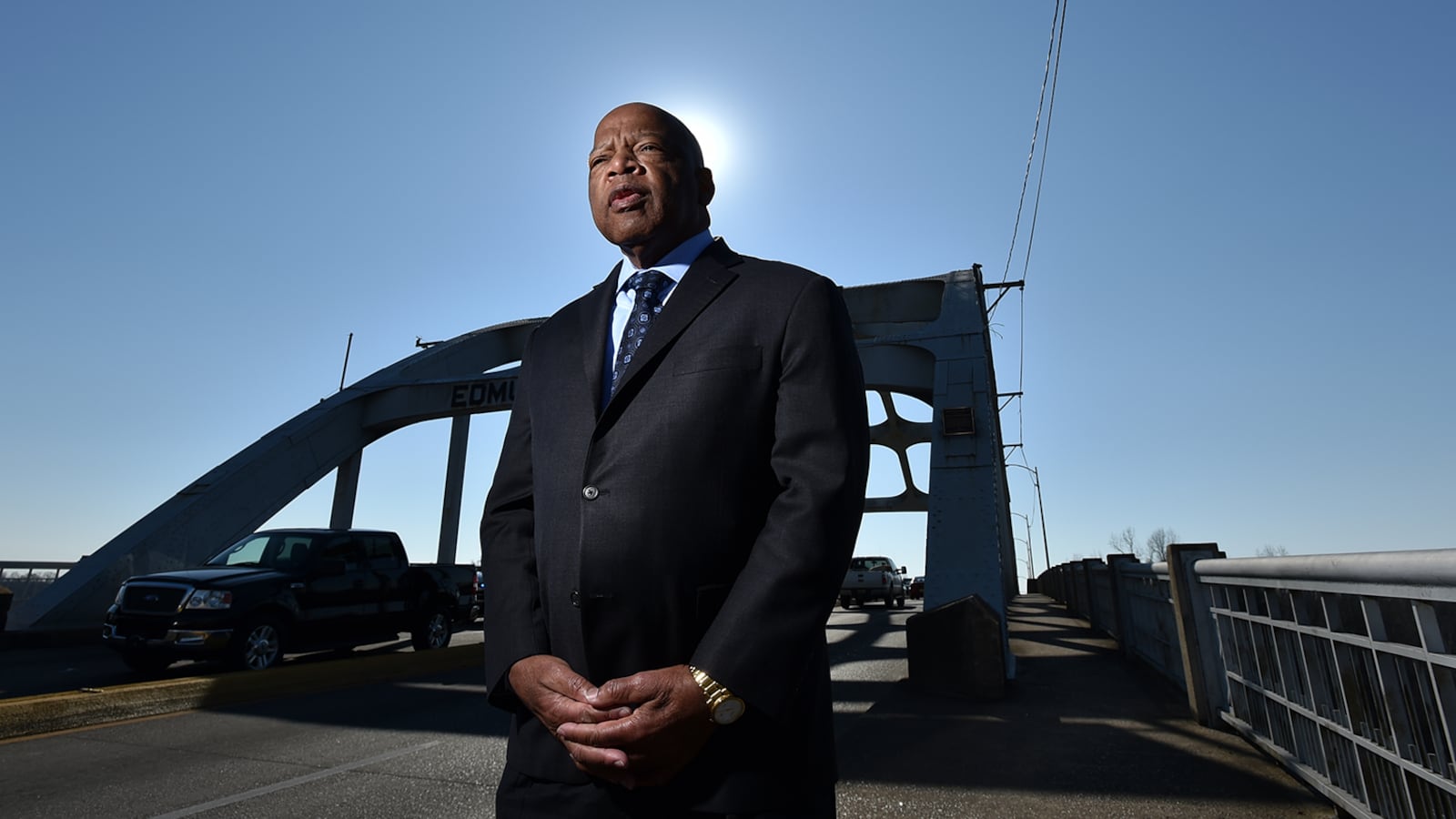 February 14, 2015 Selma, AL: Congressman John Lewis on the Edward Pettus Bridge February 14, 2015. 
 On March 7, 1965  Hosea Williams and John Lewis  led 600 civil rights activists across the Edward Pettus Bridge in a march for voting rights.  Lewis had no idea  the level of violence that awaited the group on the other side of the bridge. In what would become known around the country as as Bloody Sunday, state troopers and sheriff deputies used tear gas and clubs to break up the march.  Leaving Lewis with a skull fracture and sending more than 50 others to the local hospital for treatment.   BRANT SANDERLIN / BSANDERLIN@AJC.COM