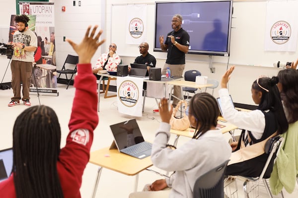 Students at the Utopian Academy for the Arts participate in the TechTunes workshop, organized by the Ludacris Foundation in partnership with Microsoft, on Monday, Feb. 10, 2025. (Miguel Martinez/AJC)