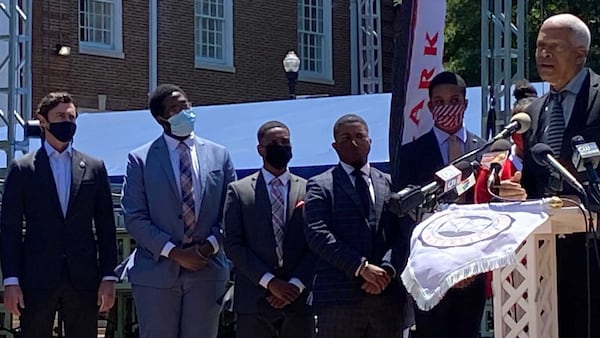 U.S. Rep. Hank Johnson, D-Ga., right, speaks at an event at Clark Atlanta University on May 7, 2021. Johnson received his undergraduate degree from Clark College in 1976. Clark College merged with Atlanta University in 1988 to become Clark Atlanta University. ERIC STIRGUS/ESTIRGUS@AJC.COM.