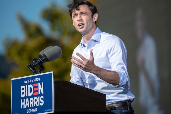 Jon Ossoff, Georgia Democratic candidate for U.S. Senate, gives remarks during a Biden-Harris rally in Atlanta’s Summerhill community on Nov. 2, 2020. (Alyssa Pointer / Alyssa.Pointer@ajc.com)