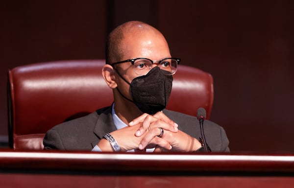 Council member Jason Dozier sits on the dais as the Atlanta City Council held their first in person meeting since they were suspended at start of the pandemic In Atlanta on Monday, March 21, 2022.   (Bob Andres / robert.andres@ajc.com)