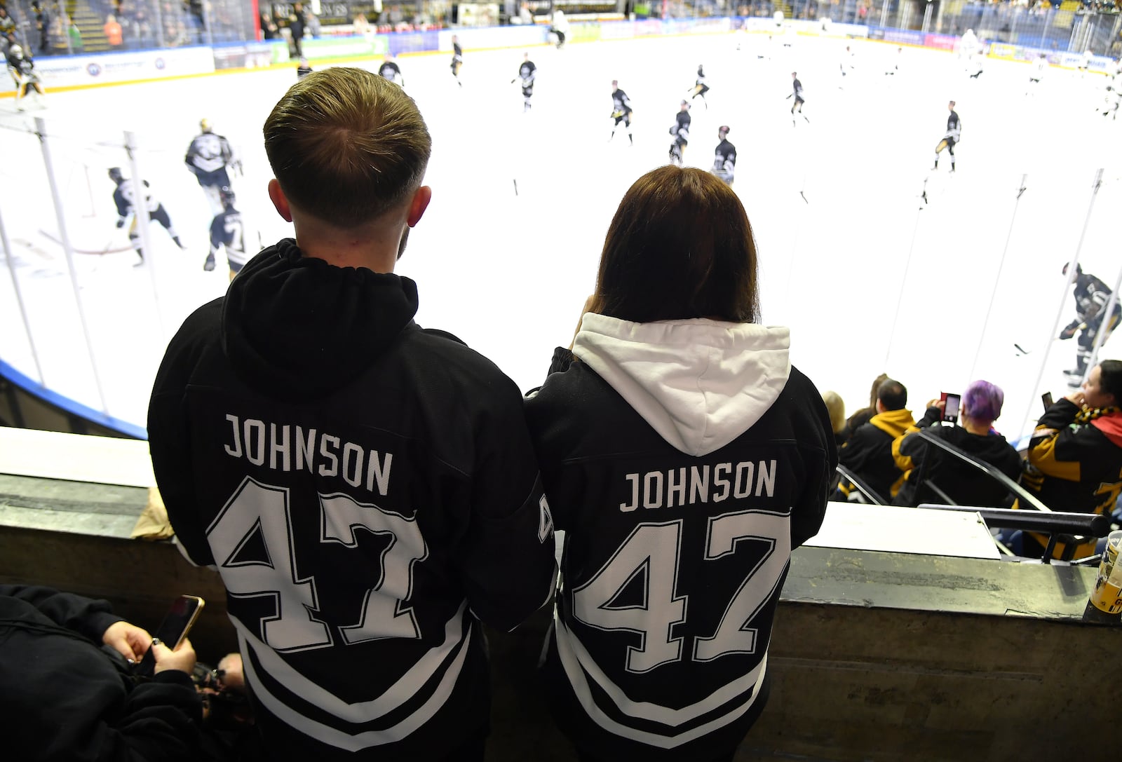 FILE - Nottingham Panthers fans wearing number 47, Adam Johnson's number, before the Ice Hockey Adam Johnson memorial game between Nottingham Panthers and Manchester Storm at the Motorpoint Arena, Nottingham, England, Nov. 18, 2023. (AP Photo/Rui Vieira, File)