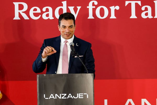 Jimmy Samartzis, CEO of LanzaJet, addresses his remarks during the grand opening of its new plant in Soperton, GA, on Wednesday, January 24, 2024. LanzaJet is the world’s first and only ethanol-to-sustainable aviation fuel (SAF) production facility.
Miguel Martinez /miguel.martinezjimenez@ajc.com