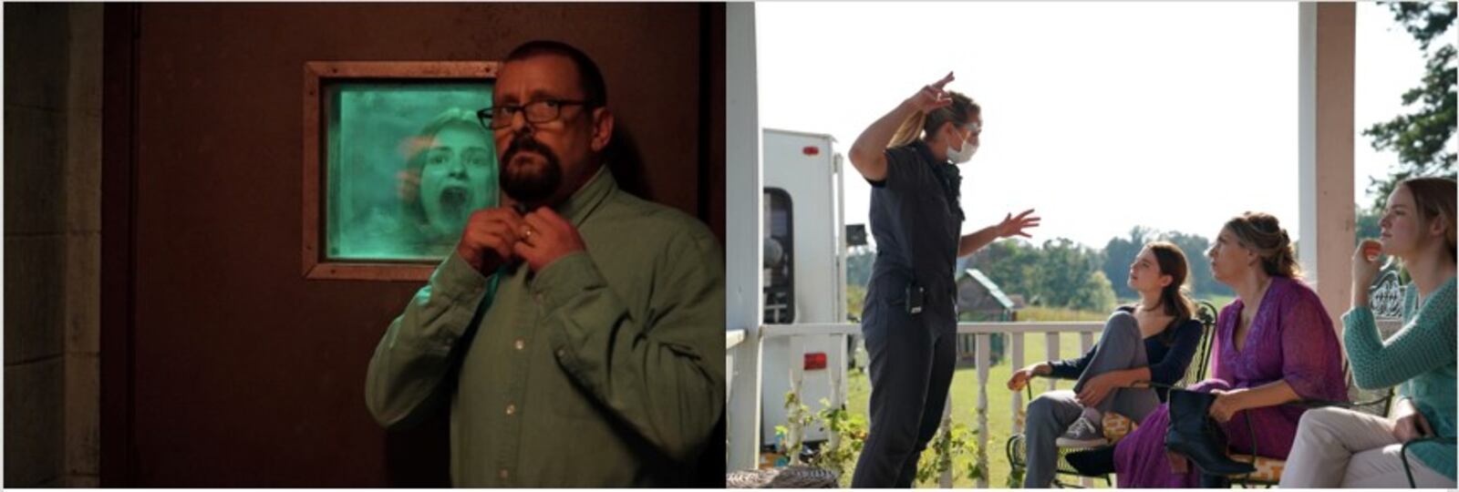 Judd Nelson (left) as the evil dad kidnapping his daughter Sara in a basement. To the right is Elisabeth Rohm directing three of the actresses in the film. LIFETIME