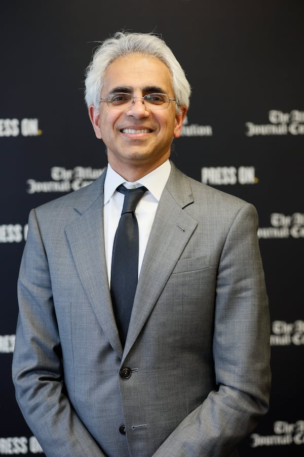 
Dr. Ravi Thadhani (right), vice president for health affairs at Emory University, poses for a photograph at the  AJC headquarters in Dunwoody on Monday, August 14, 2023.Miguel Martinez /miguel.martinezjimenez@ajc.com