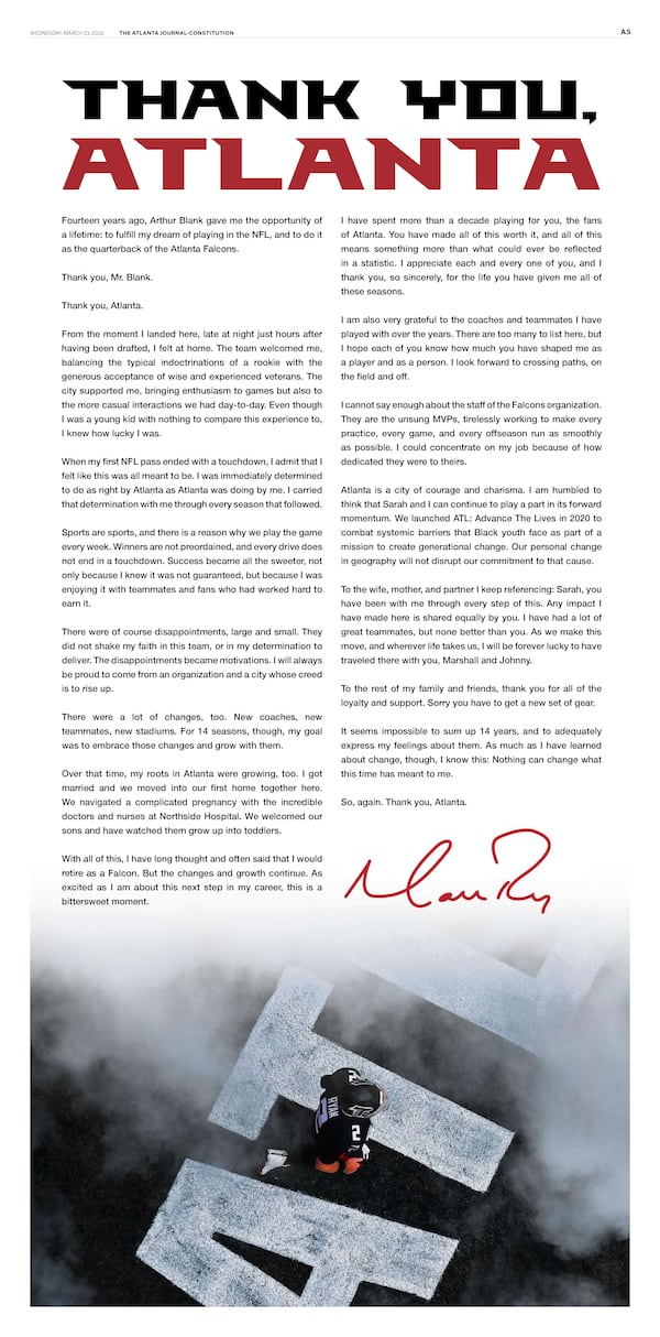 Former Falcons quarterback Matt Ryan issued a farewell to Atlanta in a full-page ad in The Atlanta Journal-Constitution.