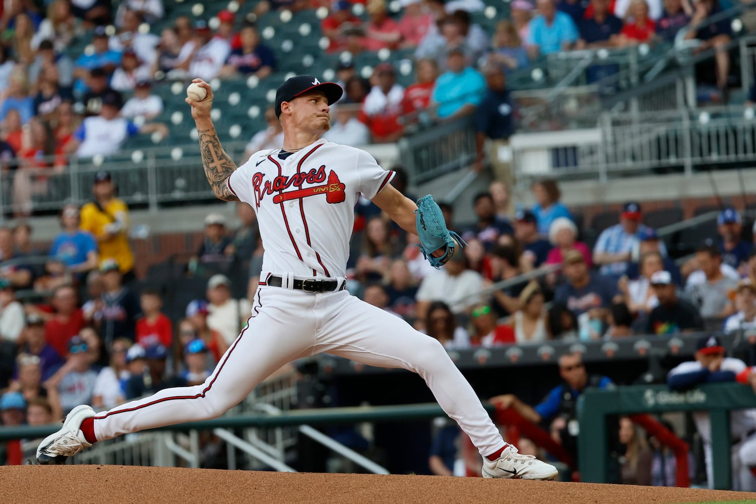 Braves starting pitcher AJ Smith-Shawver (62) delivers to a Rockies batter at Truist Park on Thursday, June 15, 2023, in Atlanta. The Braves won 8-3 and Smith-Shawver got the win. 
Miguel Martinez / miguel.martinezjimenez@ajc.com 