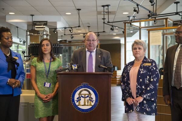 07/18/2018 — Atlanta, Georgia — Vernon Keenan, director of the Georgia Bureau of Investigation, speaks during a press conference held at the GBI headquarters in Decatur, Wednesday July 18, 2018. The press conference was held to introduce a public service announcement aimed at advising parents on how they can work to help prevent youth suicides in Georgia. Standing with Director Keenan was Sakema Harmom, Assistant Division Director of Field Operations, (left) Teressa Stann (second from left) Cheryl Benefield, of the Department of Education, (second from right) and Walker Tisdale, Director of Suicide Prevention at Georgia Department of Behavioral Health and Developmental Disabilities (right). (ALYSSA POINTER/ALYSSA.POINTER@AJC.COM)