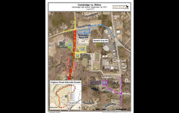 Milton's traffic and parking plan for the annual Milton-Cambridge football game. (CITY OF MILTON)