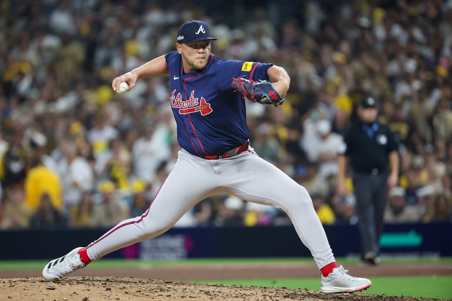 Atlanta Braves pitcher Joe Jiménez (77) delivers to the San Diego Padres during the eighth inning of National League Division Series Wild Card Game Two at Petco Park in San Diego on Wednesday, Oct. 2, 2024.   (Jason Getz / Jason.Getz@ajc.com)