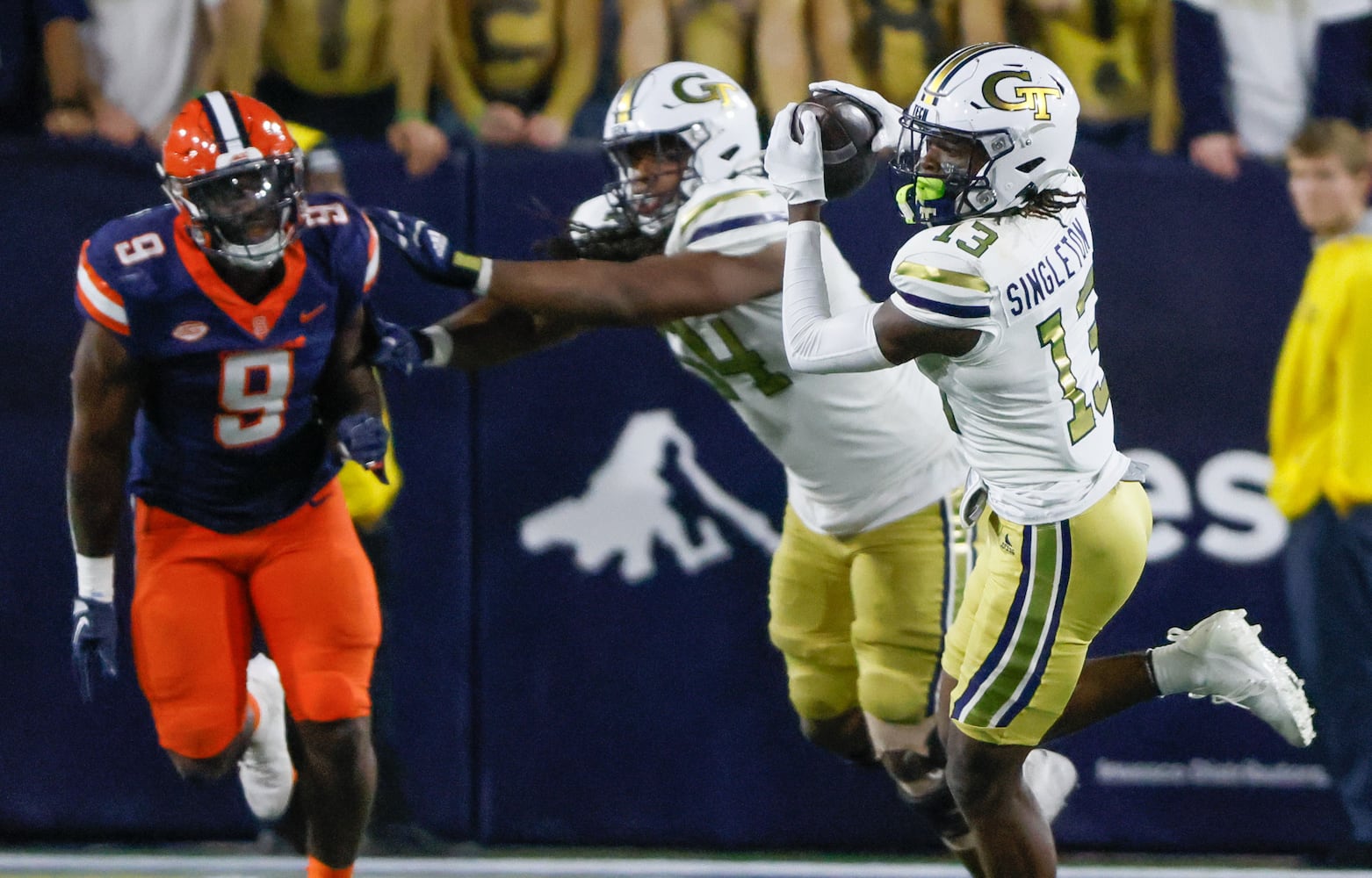 Georgia Tech Yellow Jackets wide receiver Eric Singleton Jr. (13) makes a reception for a short gain during the second half of an NCAA college football game between Georgia Tech and Syracuse in Atlanta on Saturday, Nov. 18, 2023.  Georgia Tech won, 31 - 22. (Bob Andres for the Atlanta Journal Constitution)