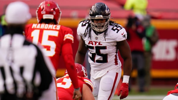 Atlanta Falcons defensive end Steven Means (55) gets set for a play during the second half against the Kansas City Chiefs, Sunday, Dec. 27, 2020, in Kansas City, Mo. (Jeff Roberson/AP)