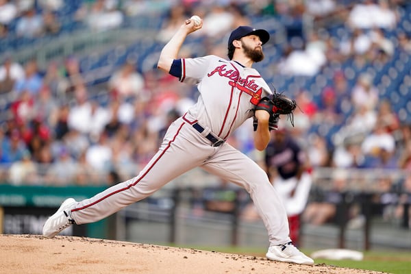 Atlanta Braves starting pitcher Ian Anderson throws to the Washington Nationals in the first inning of a baseball game, Friday, July 15, 2022, in Washington. (AP Photo/Patrick Semansky)